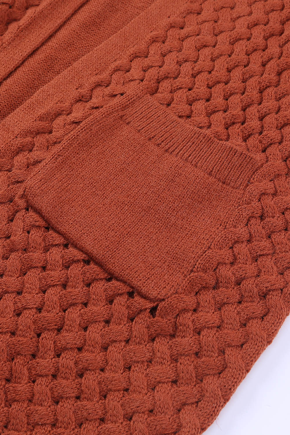 Brown Woven Texture Open Front Pockets Knit Cardigan