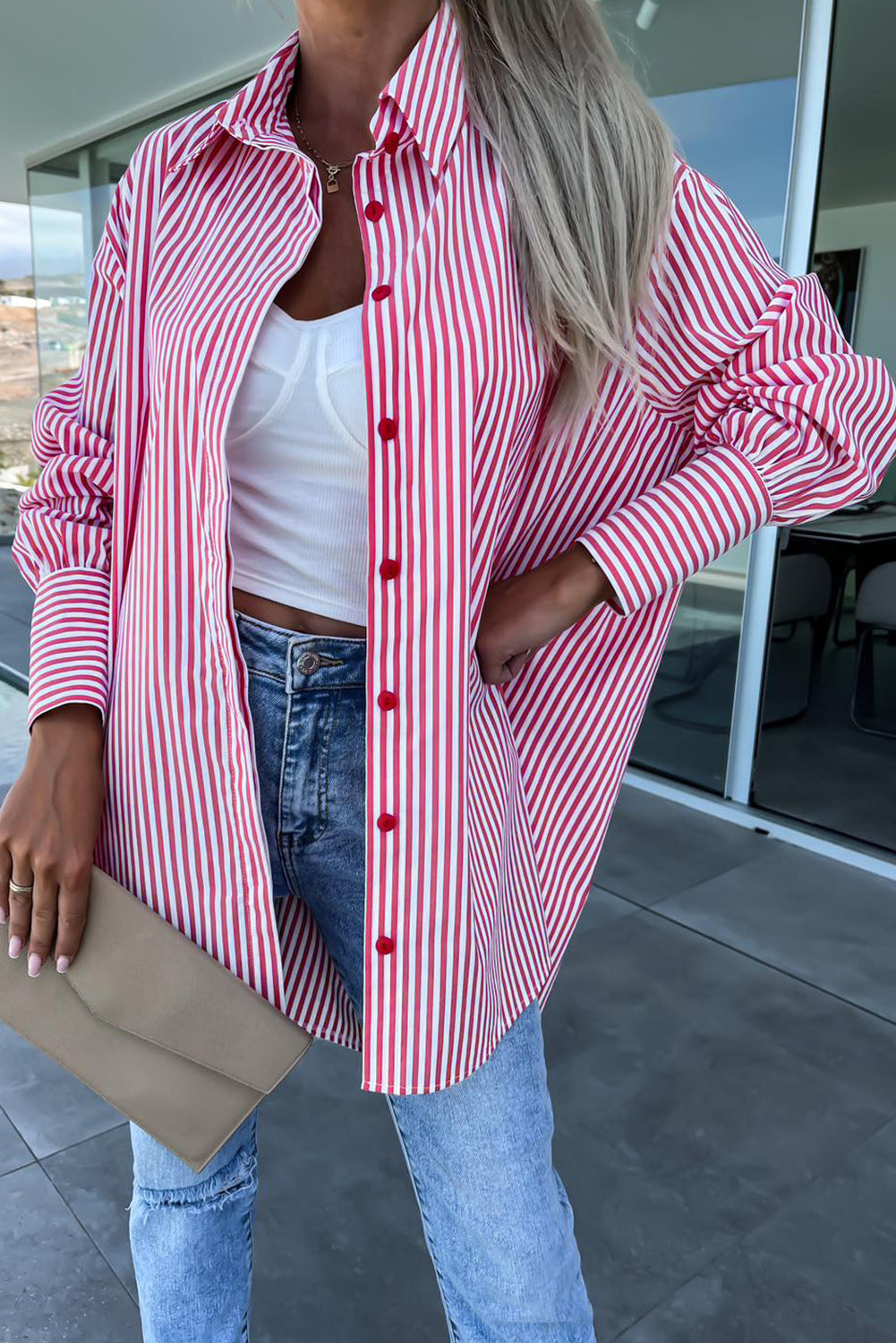 Red and White Striped Side Slit Oversized Long Tail Shirt