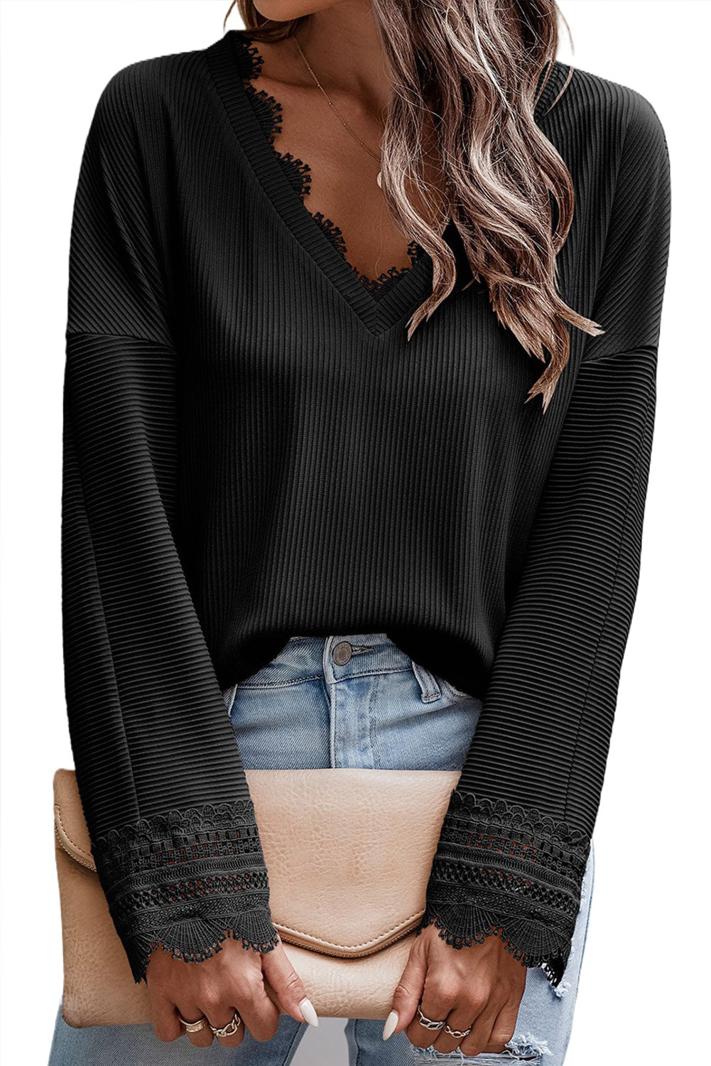 Ribbed Texture Lace Trim V Neck Long Sleeve Top