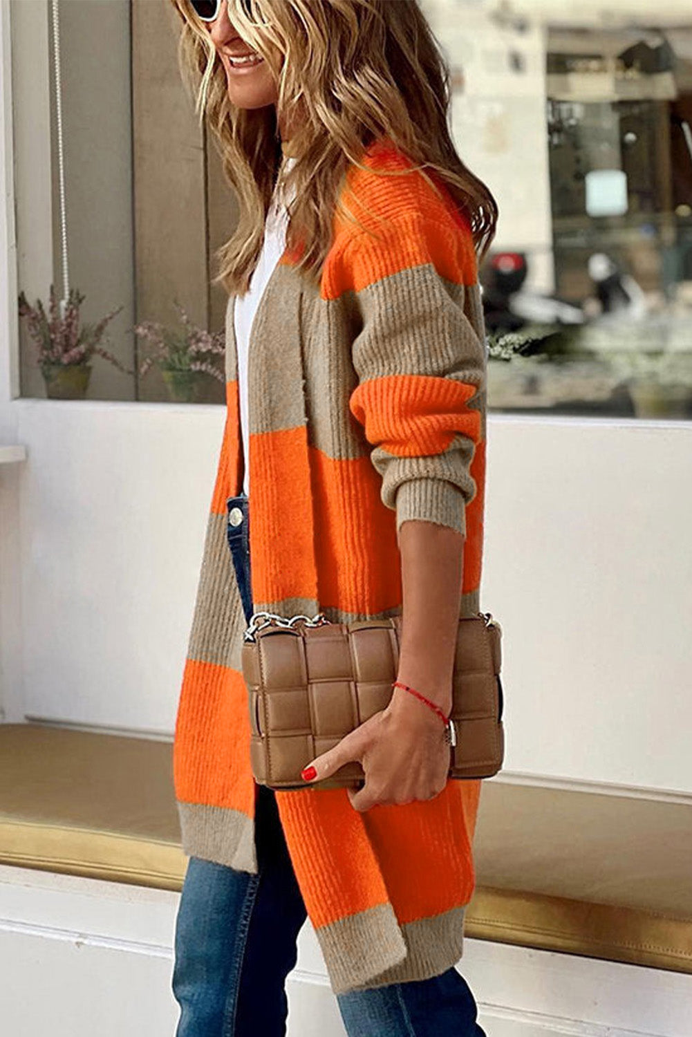 Orange Colorblock Ribbed Knit Open Front Cardigan