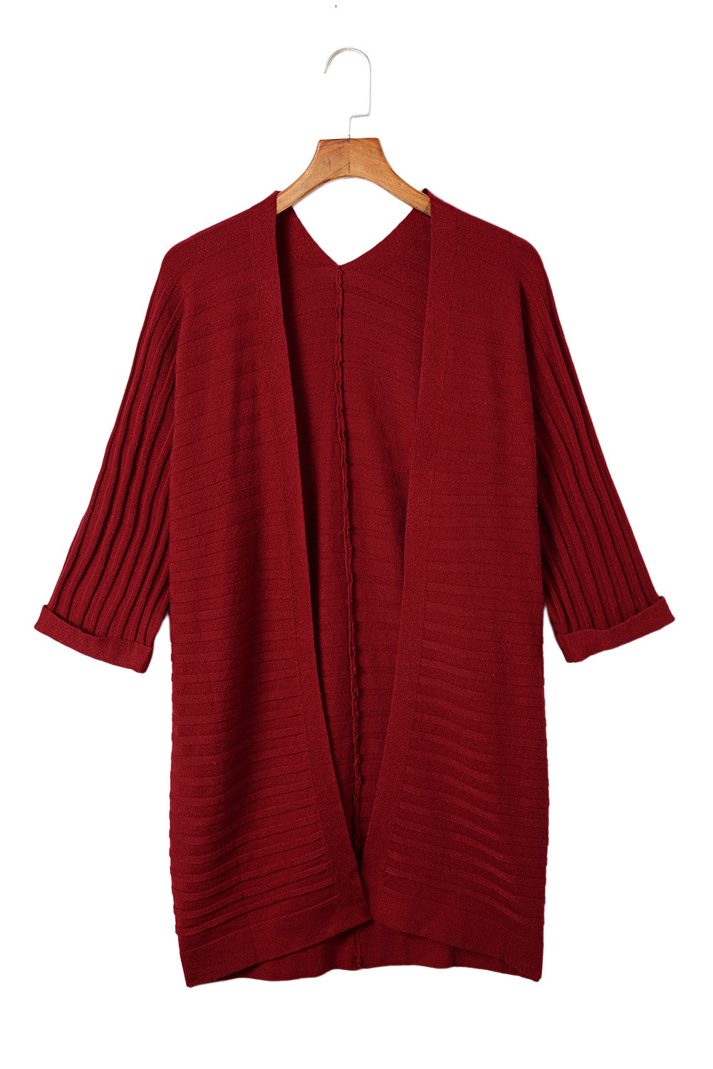 Ribbed Knit 3/4 Sleeve Open Front Swimsuit Cover Up