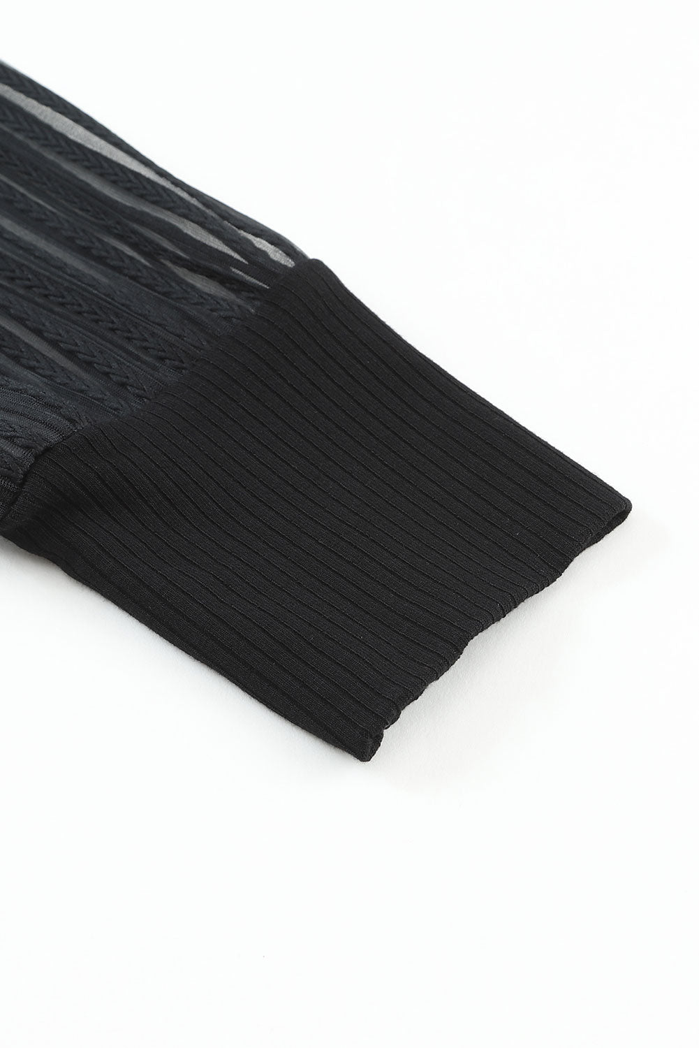 Women's Black Plain Crew Neck Dressy Striped Mesh Long Sleeve Top