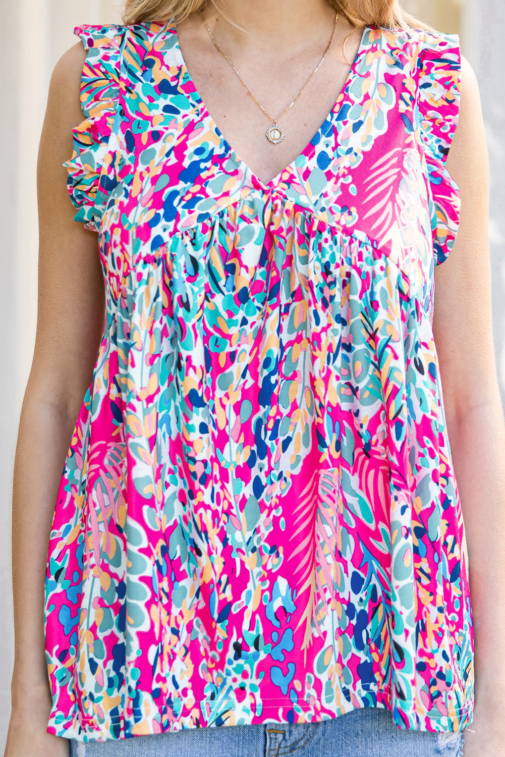 Women's Multicolor Abstract Print Boho Flounce Hem Sleeveless Shirt