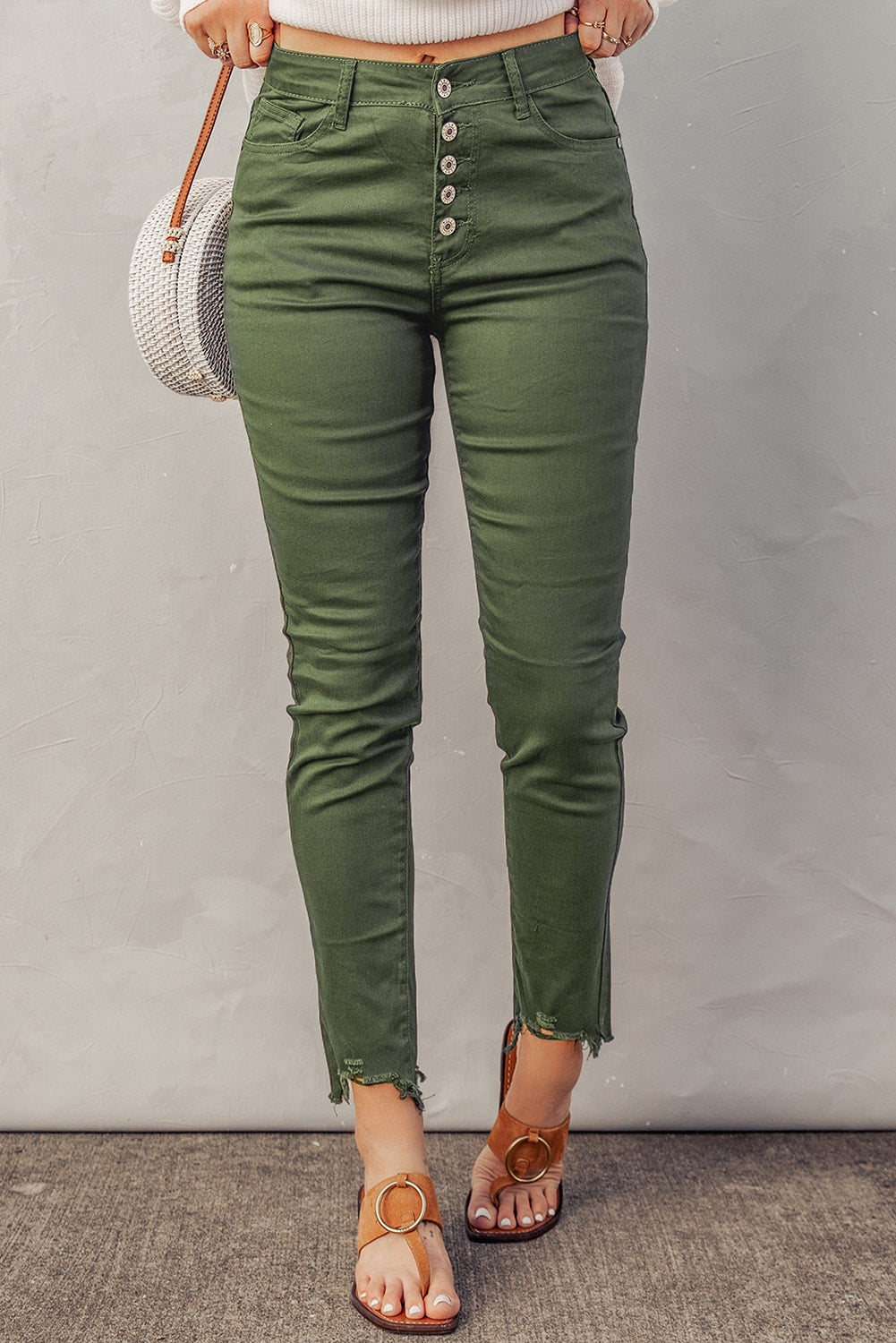 Green Frayed Raw Hem High Waist Denim Jeans