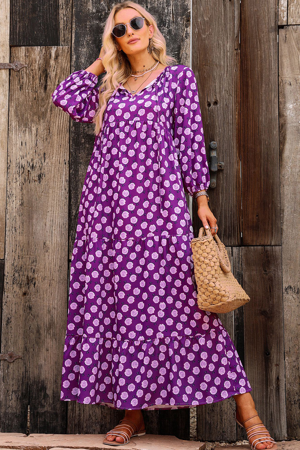 Women's Purple Boho Printed V Neck Puff Sleeve Maxi Dress