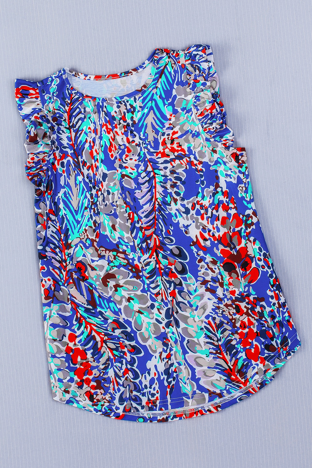 Women's Light Blue Abstract Print Color Block Babydoll Boho Sleeveless Shirt with Ruffle