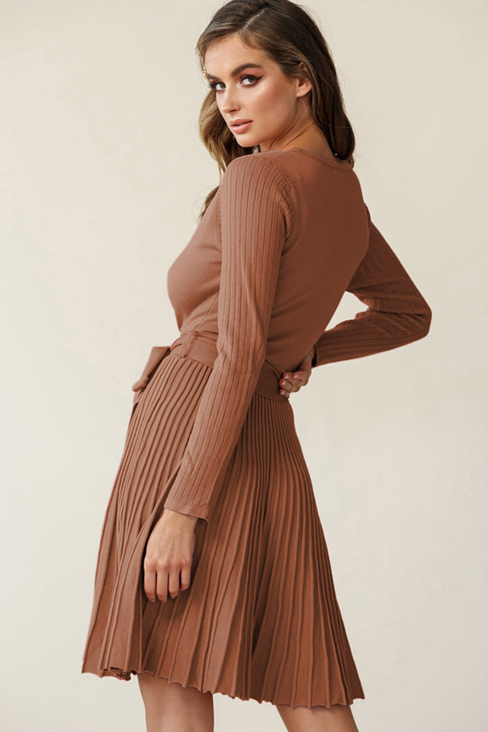 Belted Wrap V Neck Ribbed Pleated Sweater Dress