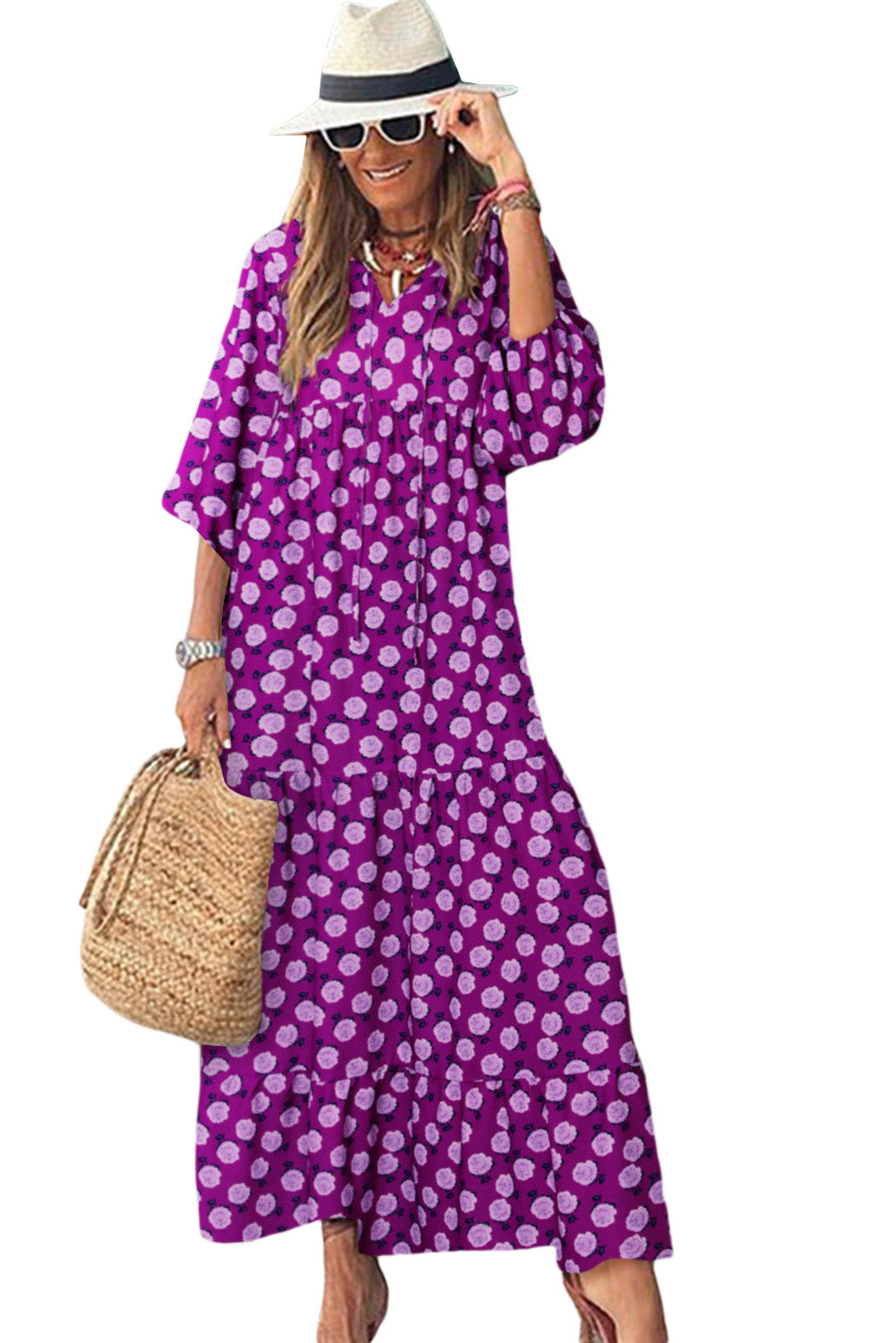 Women's Purple Boho Printed V Neck Puff Sleeve Maxi Dress