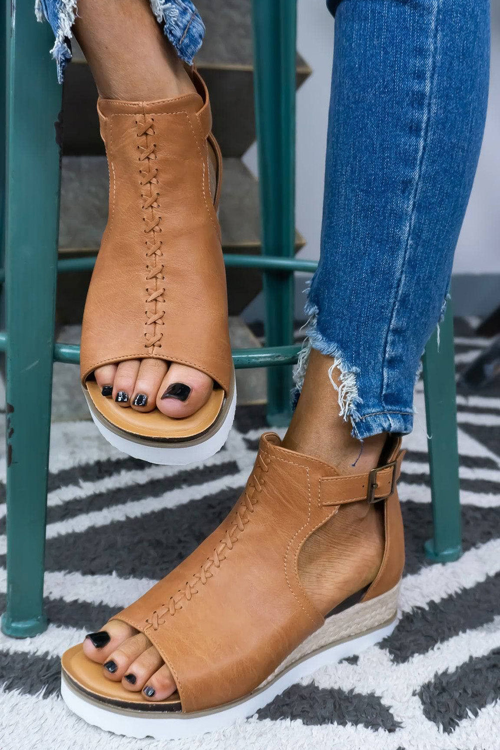 Women's Brown PU Cutout Buckle Strap Platform Sandals