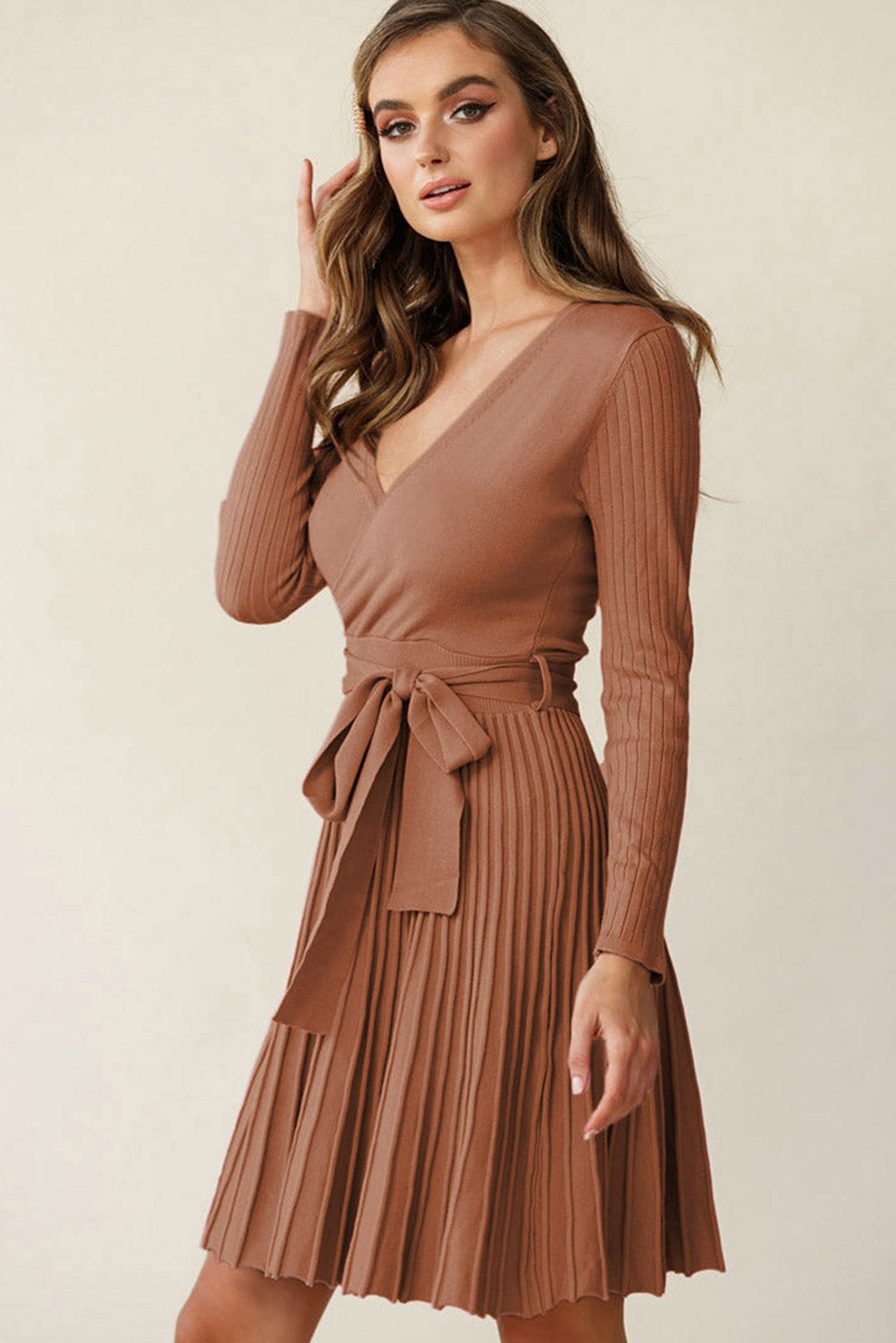 Belted Wrap V Neck Ribbed Pleated Sweater Dress