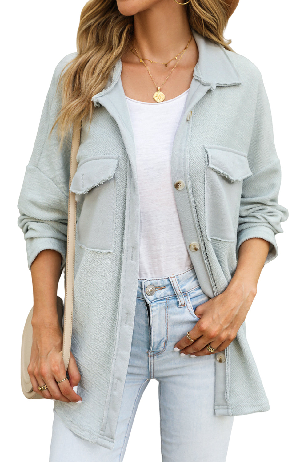 Women's Grey Solid Color Textured Button Up Shirt Jacket with Pockets