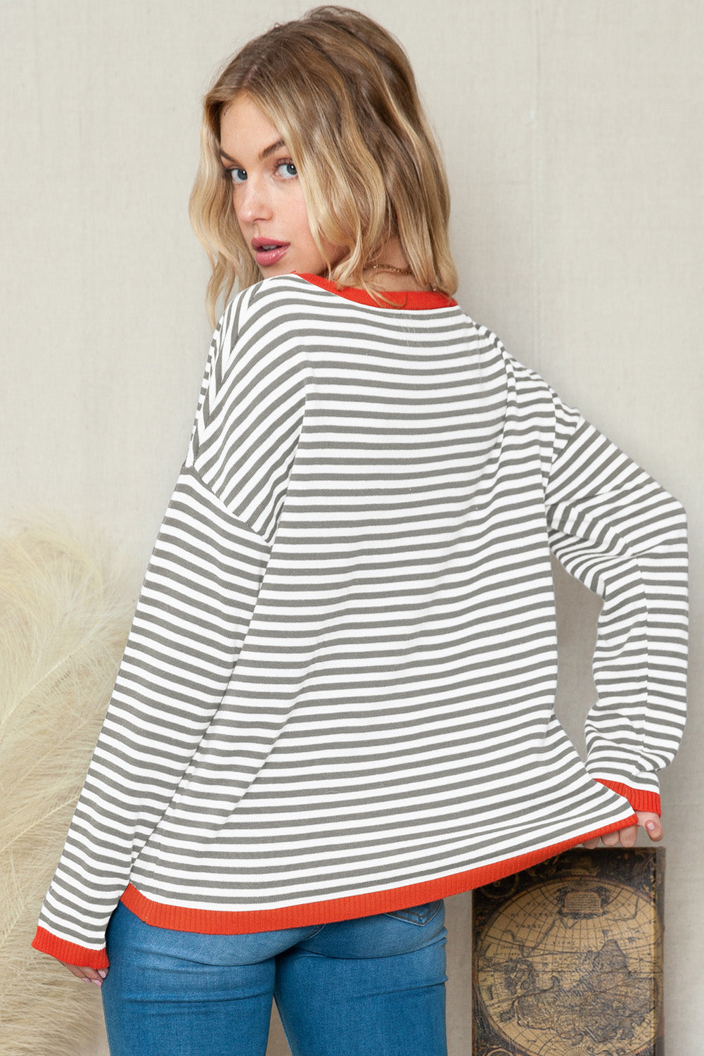Striped Colorblock Trim Knit Pullover Sweater
