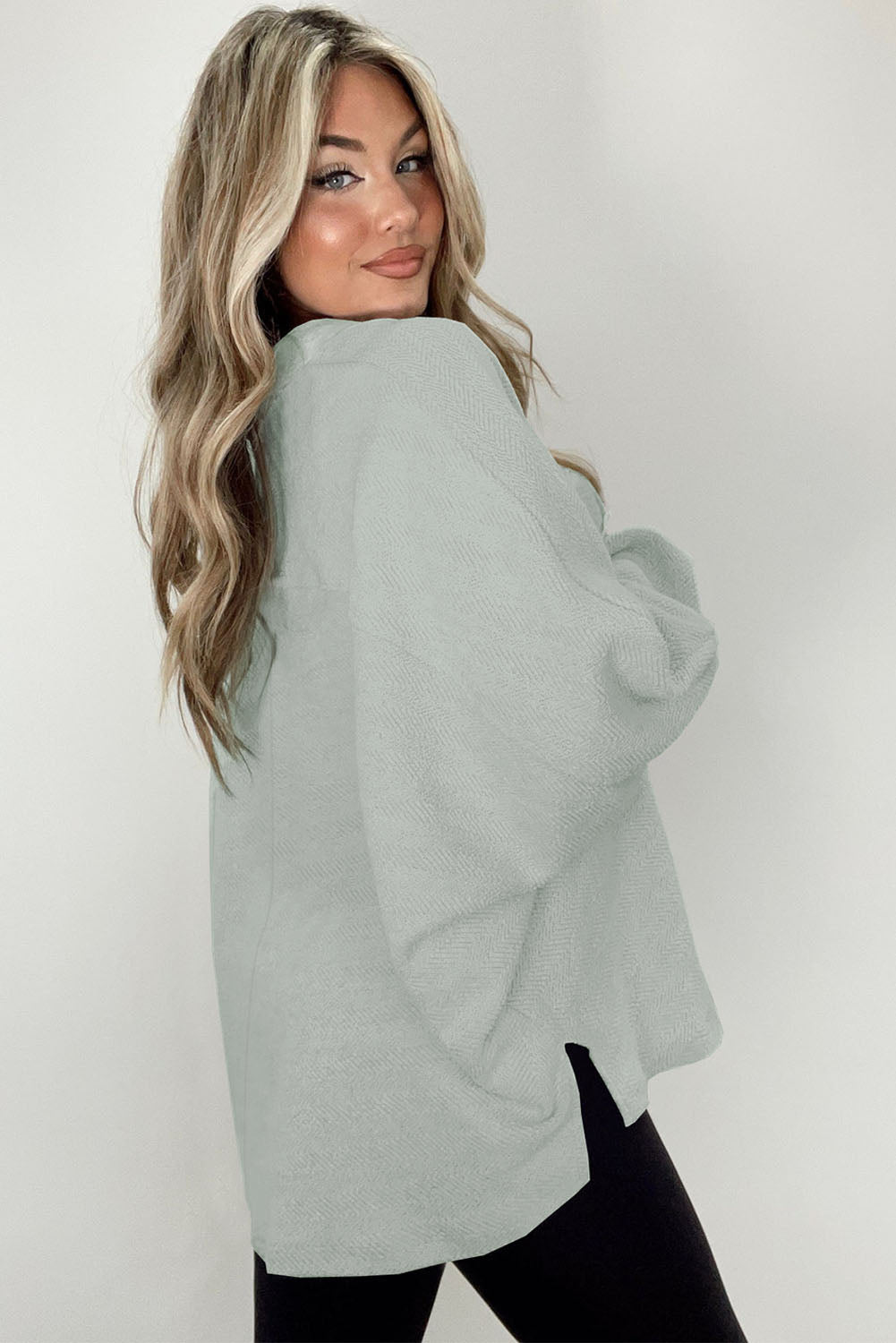 Grey Solid Color Henley Long Sleeve Sweatshirt with Chest Pockets