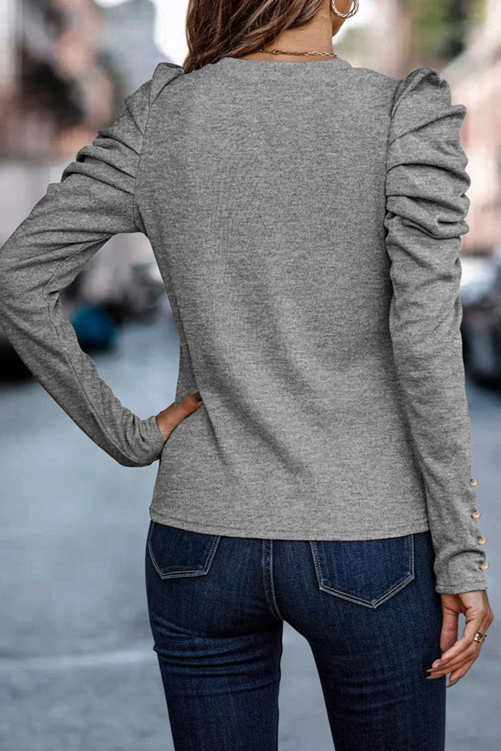 Women's Gray Plain Buttoned Puff Long Sleeve Sheath Top