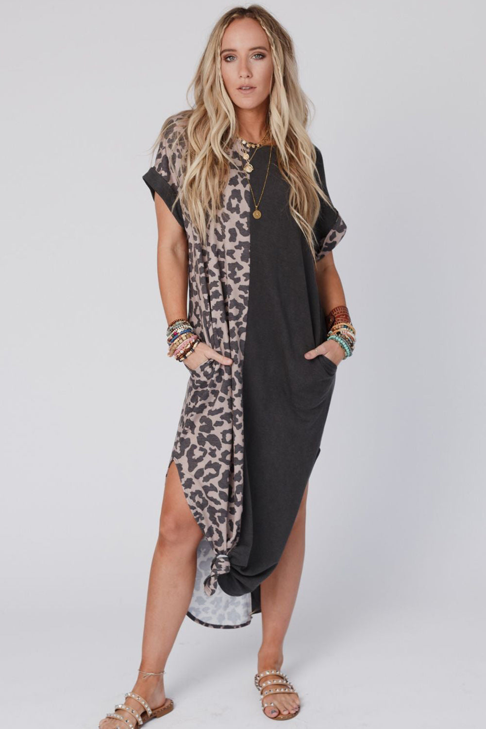 Leopard Patchwork Casual T-Shirt Dress With Slits