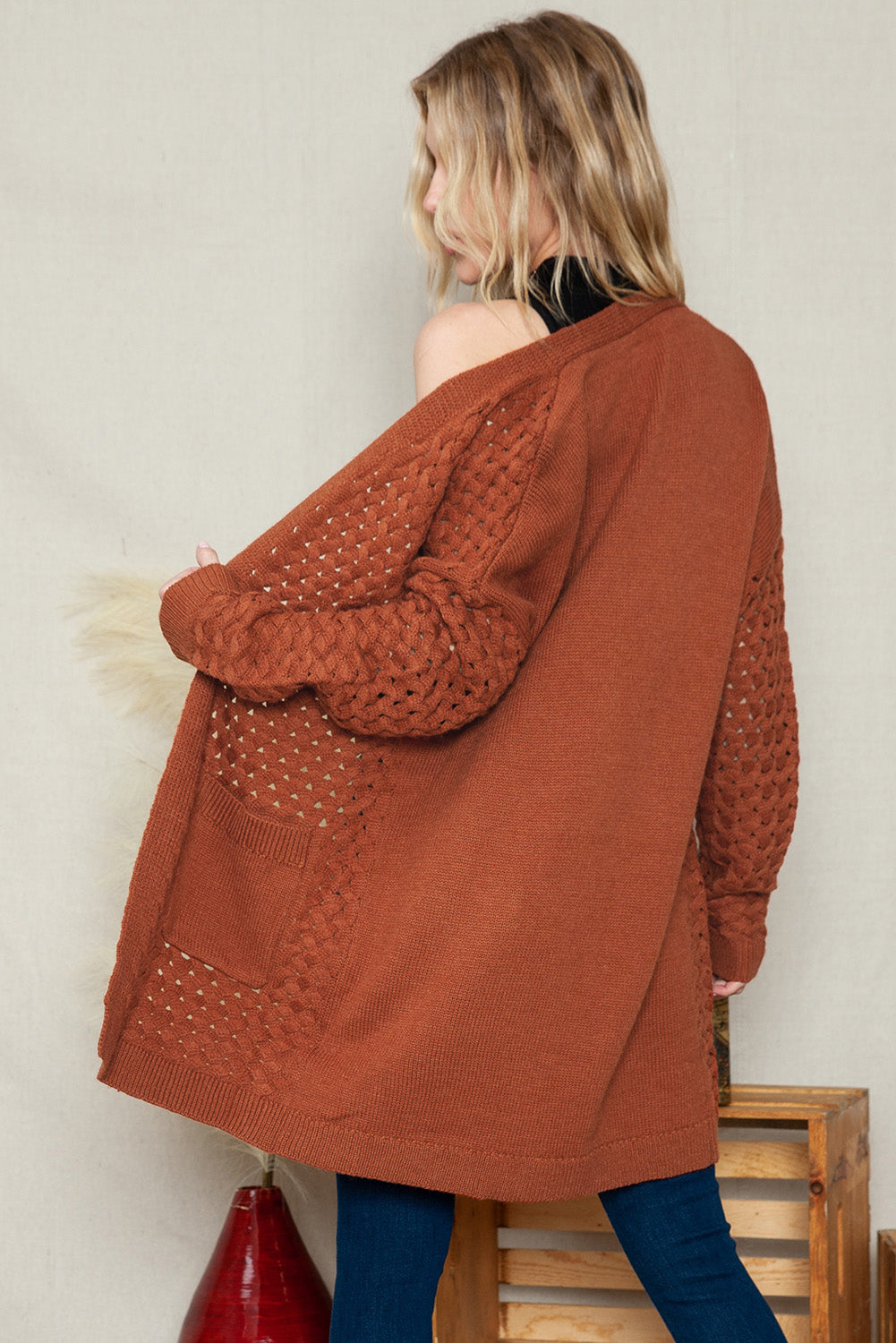 Brown Woven Texture Open Front Pockets Knit Cardigan