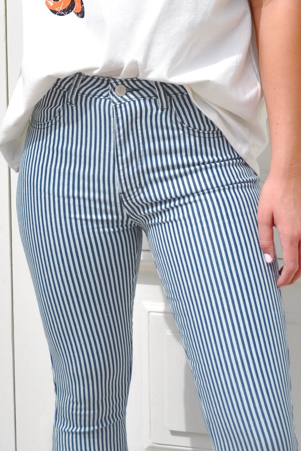Women's Light Blue Stripe Casual Mid Waist Bell Pants