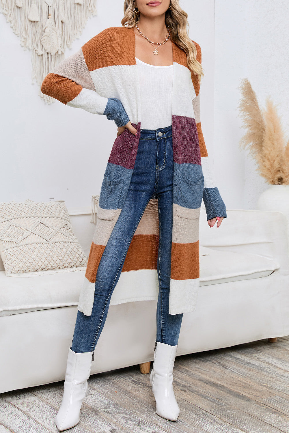 Multicolor Knitted Color Block Open Front Long Cardigan