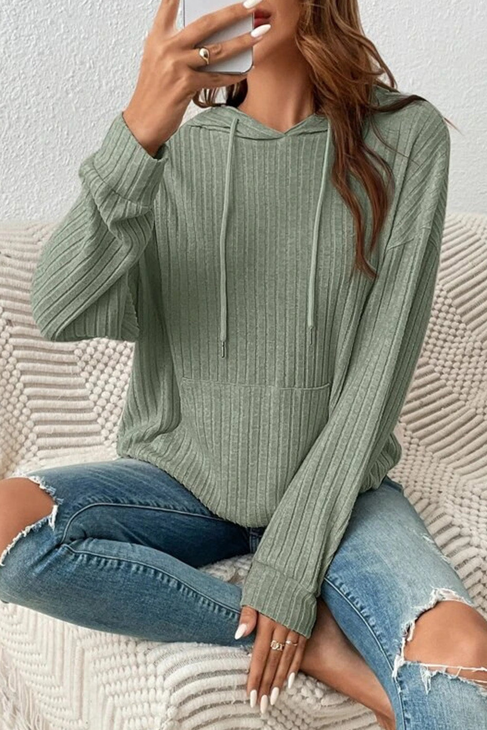 Women's Green Pocket Wrinkle Drawstring Hooded Sweatshirt