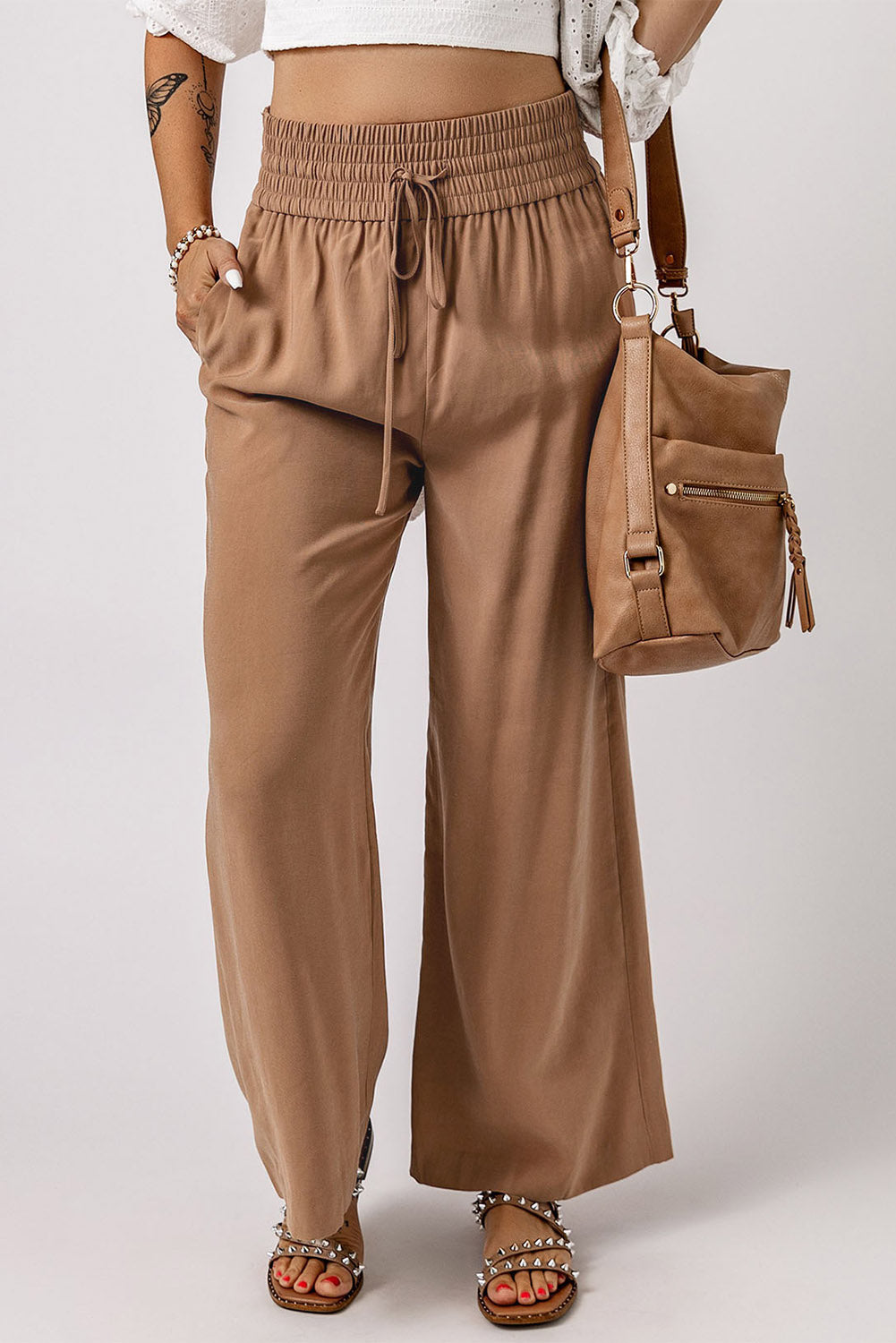 Women' Brown Casual Drawstring Shirred Elastic Waist Wide Leg Pants