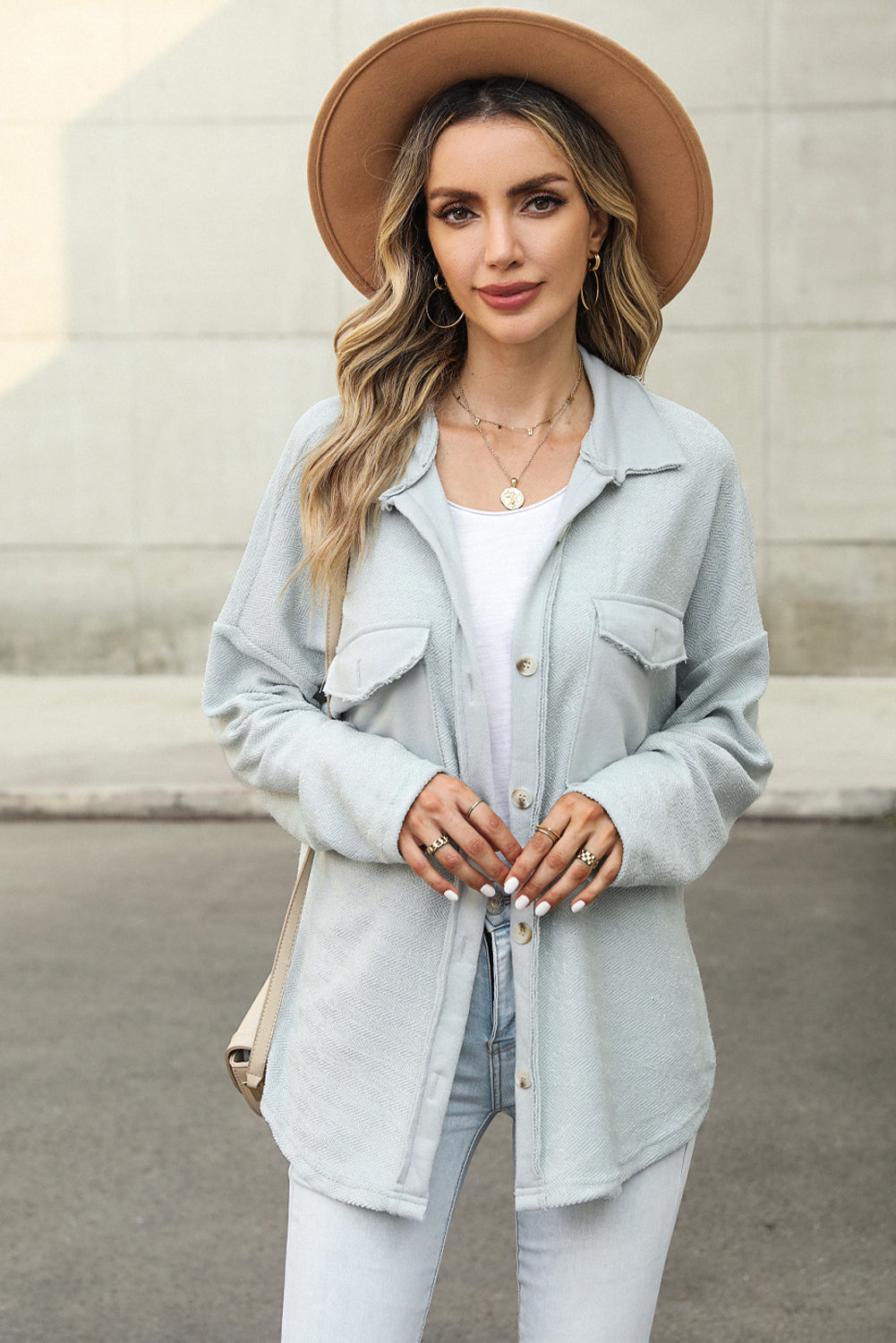 Women's Grey Solid Color Textured Button Up Shirt Jacket with Pockets