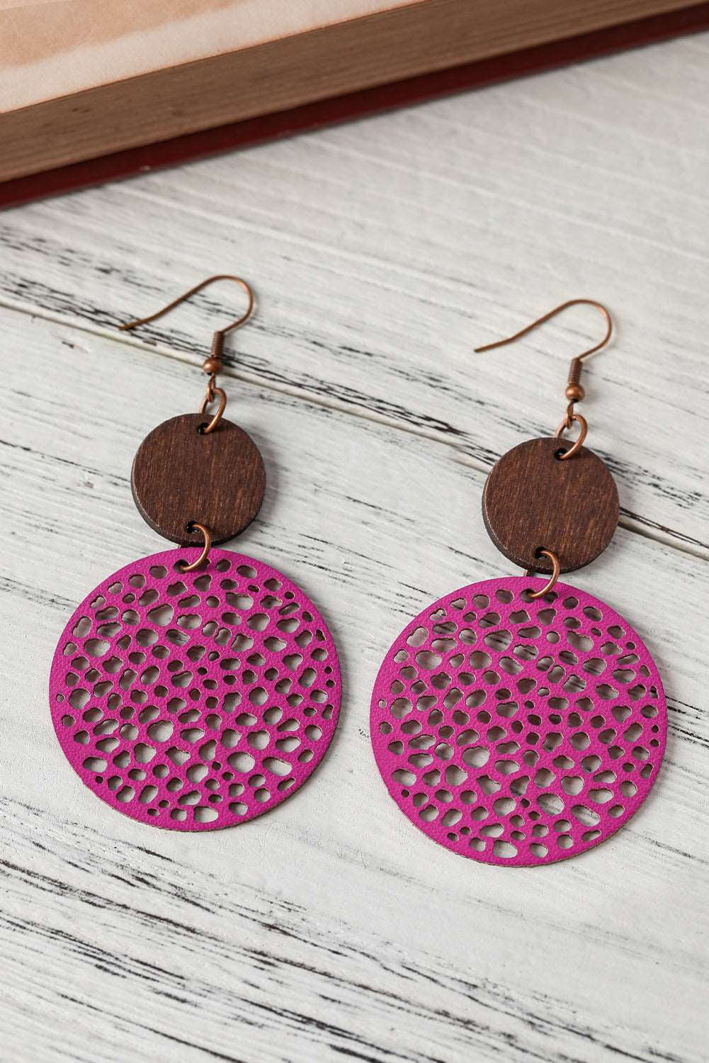 Beige Hollow Out Wooden Round Drop Earrings