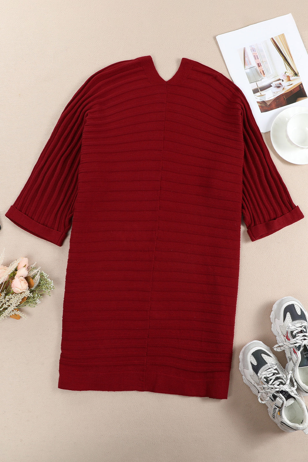 Ribbed Knit 3/4 Sleeve Open Front Swimsuit Cover Up