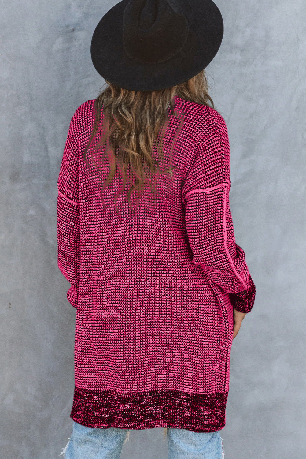 Women's Pink Plaid Contrast Trim Casual Knit Long Cardigan