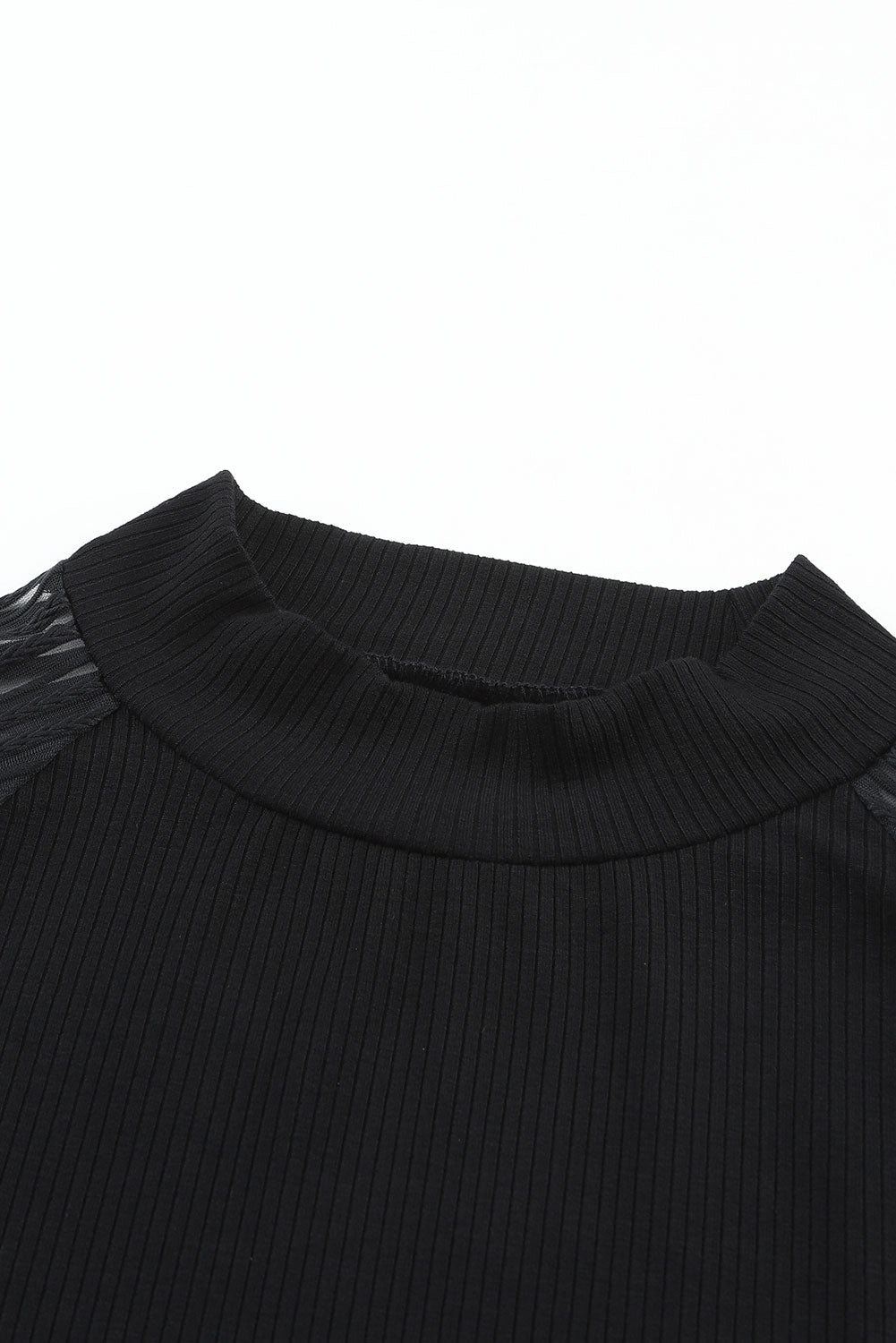 Women's Black Plain Crew Neck Dressy Striped Mesh Long Sleeve Top