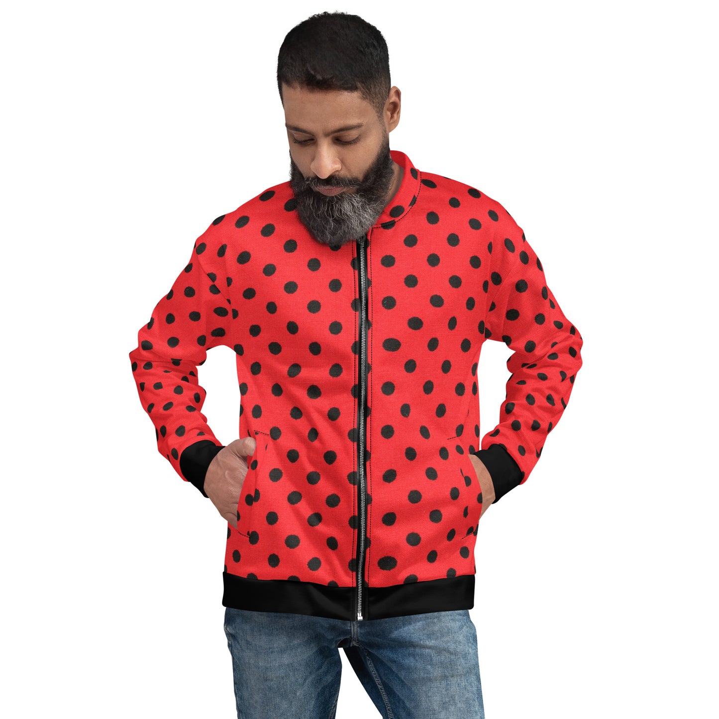 ManChic Red Bomber Jacket with Black Polka Dots-Men's