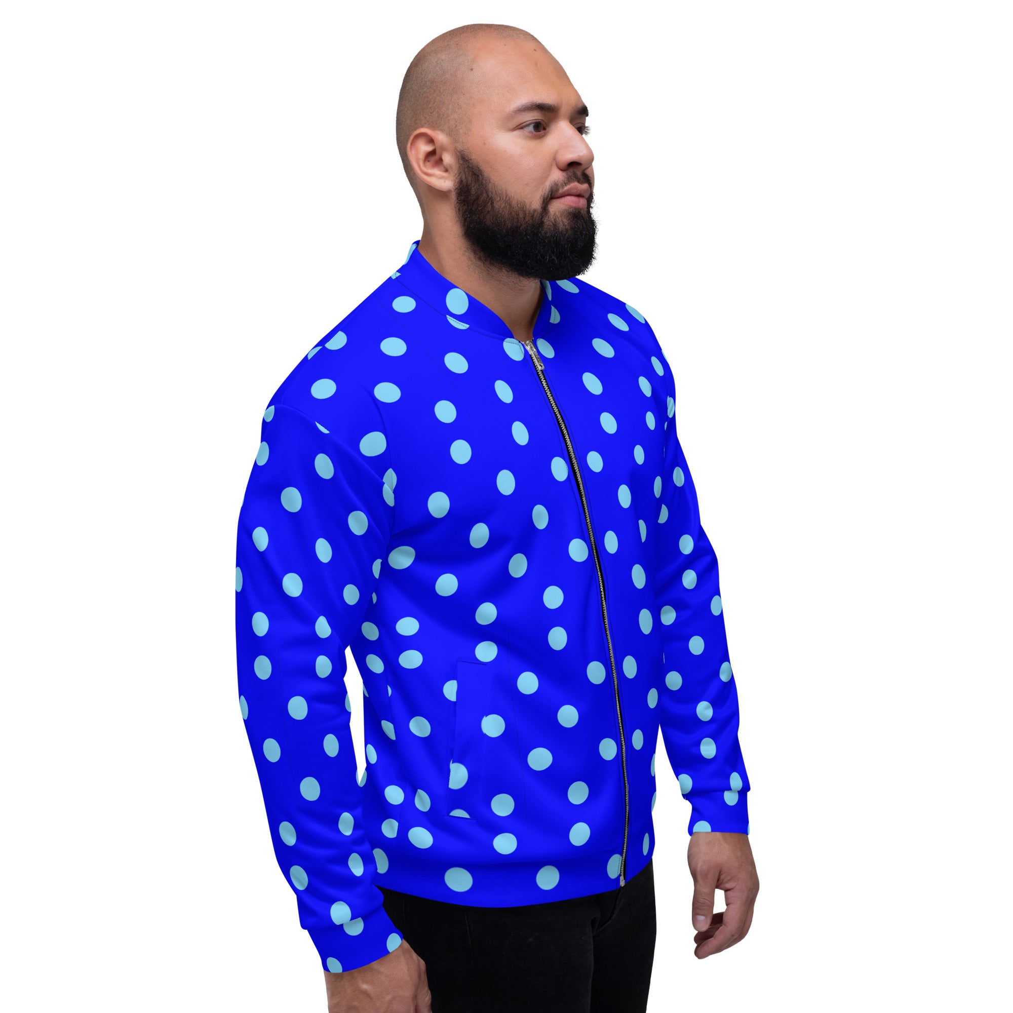 Royal Turquoise Elegance: ManChic Polka Dot Bomber Jacket in Vibrant Blue Men's
