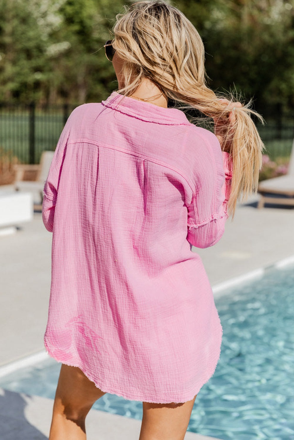 Women's Pink Crinkle Frayed Long Sleeve Shirt & Casual Shorts Set