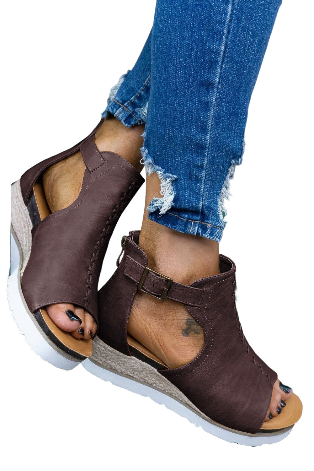 Women's Brown PU Cutout Buckle Strap Platform Sandals