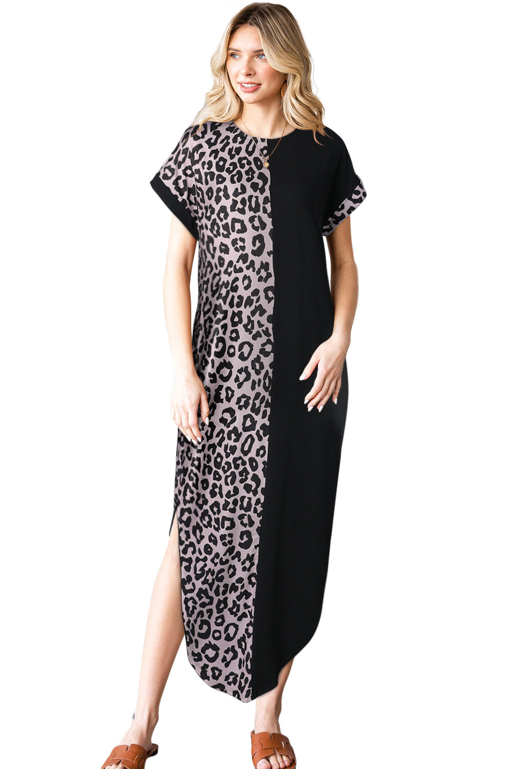 Leopard Patchwork Casual T-Shirt Dress With Slits