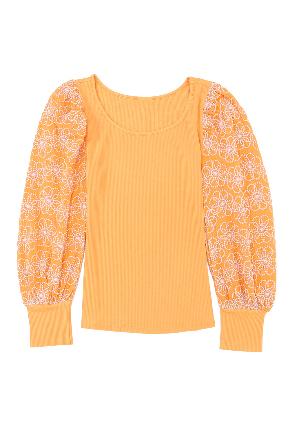 Women's Yellow Ribbed Knit Flower Patterned Bishop Sleeve Boho Top