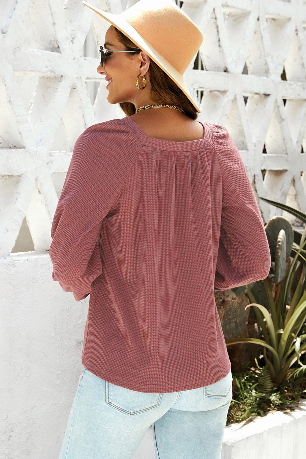 Women's Pink Waffle Texture Casual Square Neck Pullover Top
