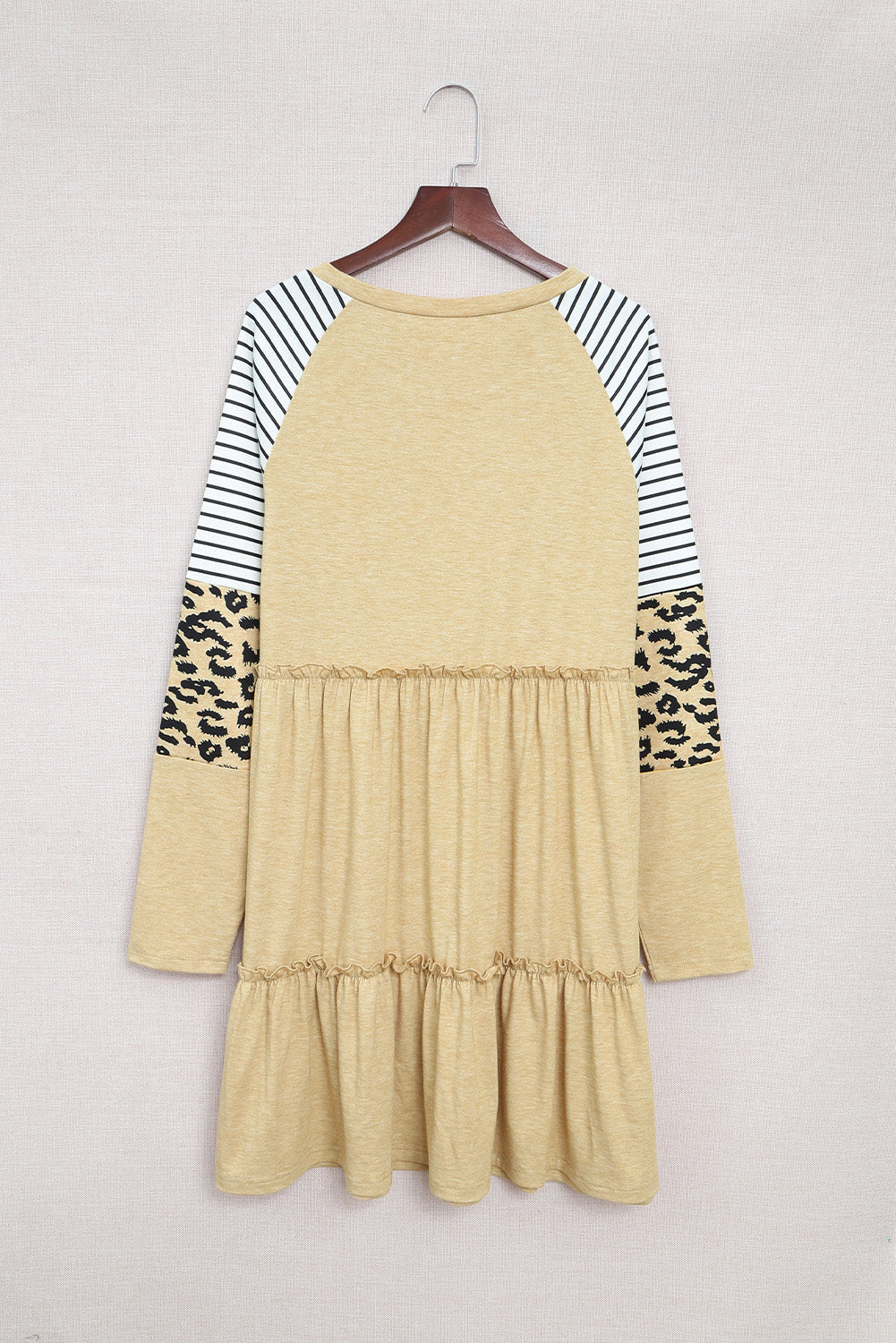 Women's Khaki Striped Leopard Patchwork Long Sleeve Short Dress