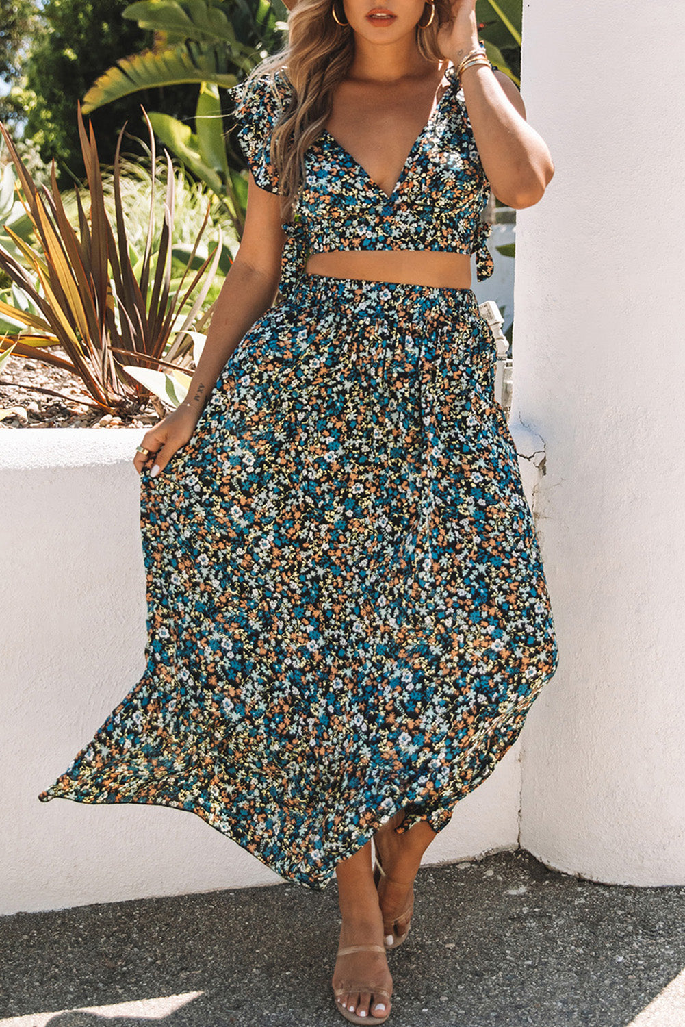 Black Floral Print V Neck Crop Top and Maxi Skirt Two Piece Set