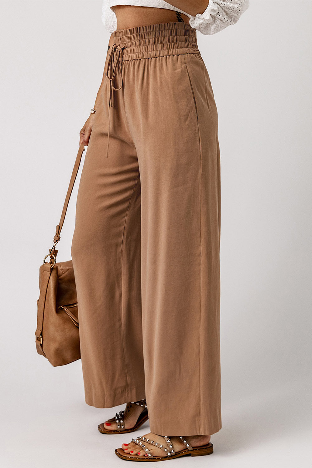 Women' Brown Casual Drawstring Shirred Elastic Waist Wide Leg Pants