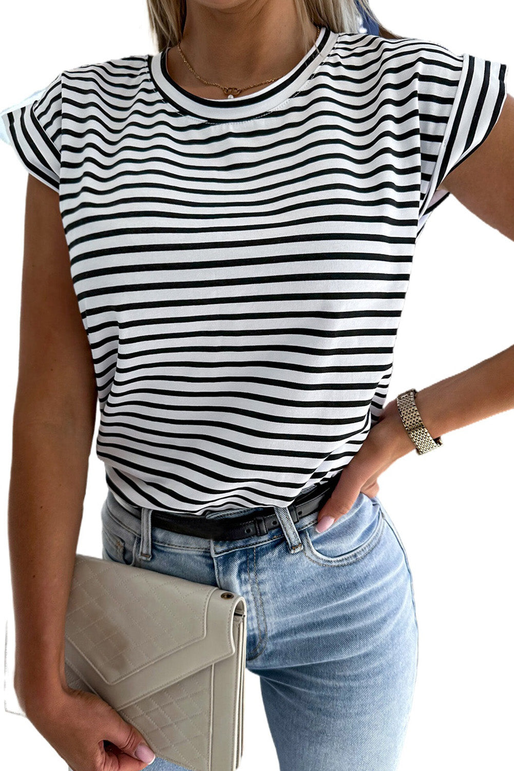 Striped Crew Neck Casual Ribbed Tank Top